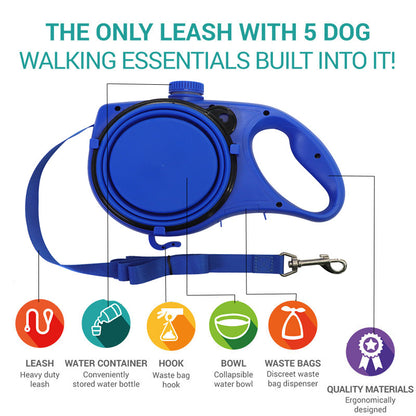 Multifunctional Dog Leash with Collapsible Bowl & Built-In Water Container